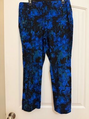 Chico's Juliet Ponte Blue & Black Floral Stretch Pants Sz 2R (12R)